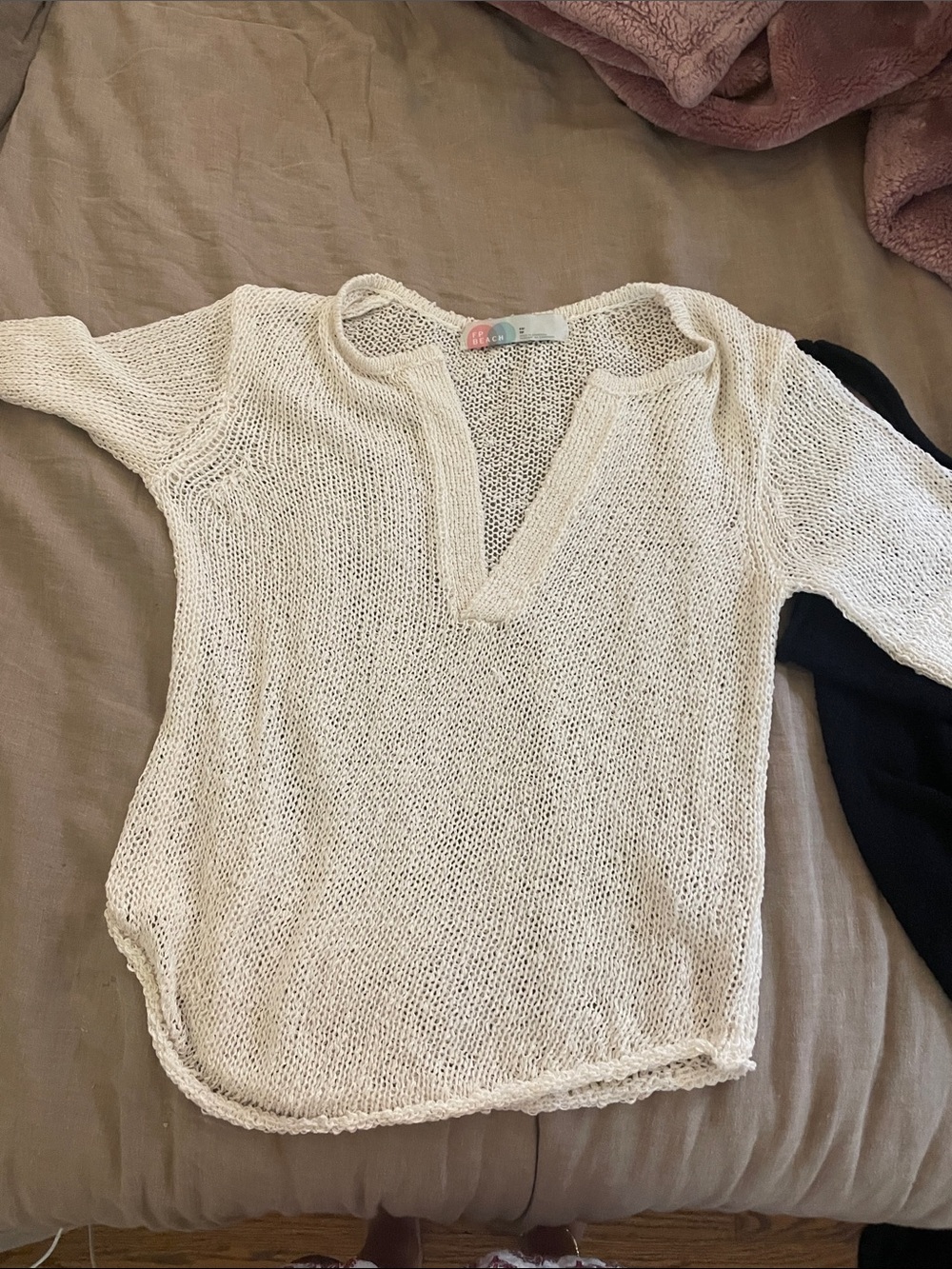 Free People Open-Weave Cream V-Neck Knit Top